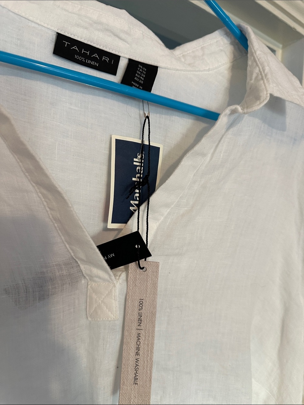 Tahari White Linen V‑Neck Collar Tunic with Side Button Detail - Picture 2 of 4